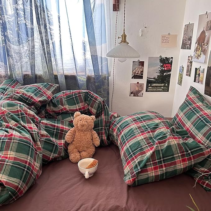 mixinni Vintage Green Buffalo Plaid Washed Cotton Duvet Cover Queen - Image 6
