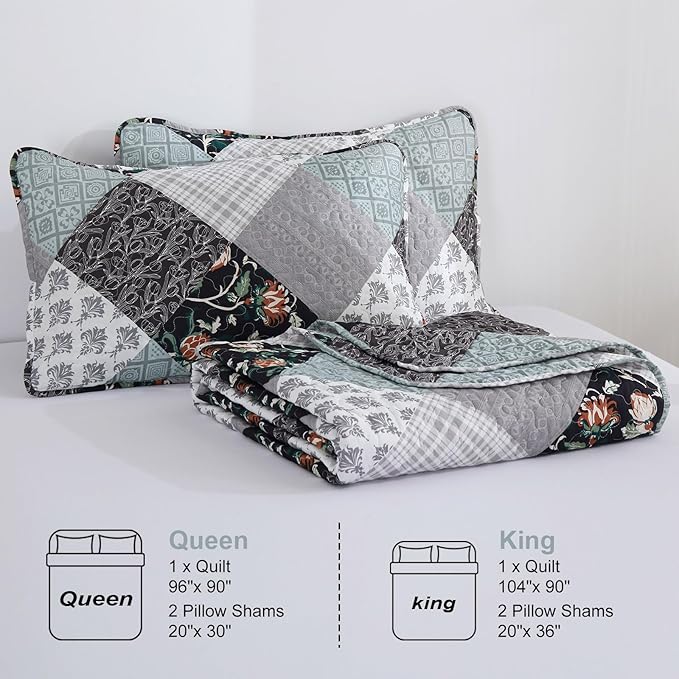 Xruibed Floral Plaid Patchwork Quilt Set Queen Size 3 Pieces Blue Gray - Image 7