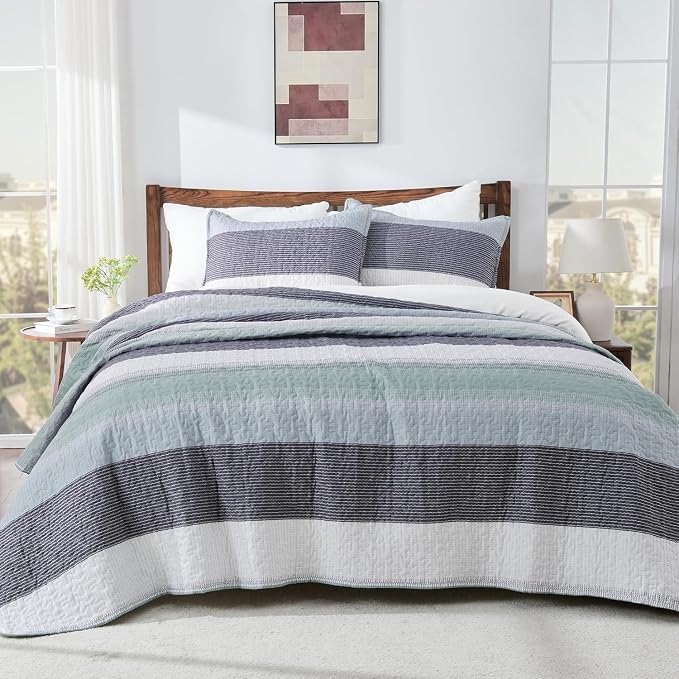 Andency Oversized Queen Quilt Bedding Set, 98x98Inch Sage Green Stripe - Image 8