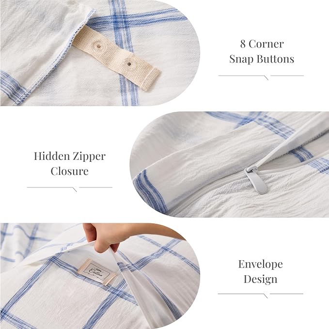Blue Plaid Duvet Cover King, 100% Soft Washed Cotton King Size Duvet Cover Set - Image 5