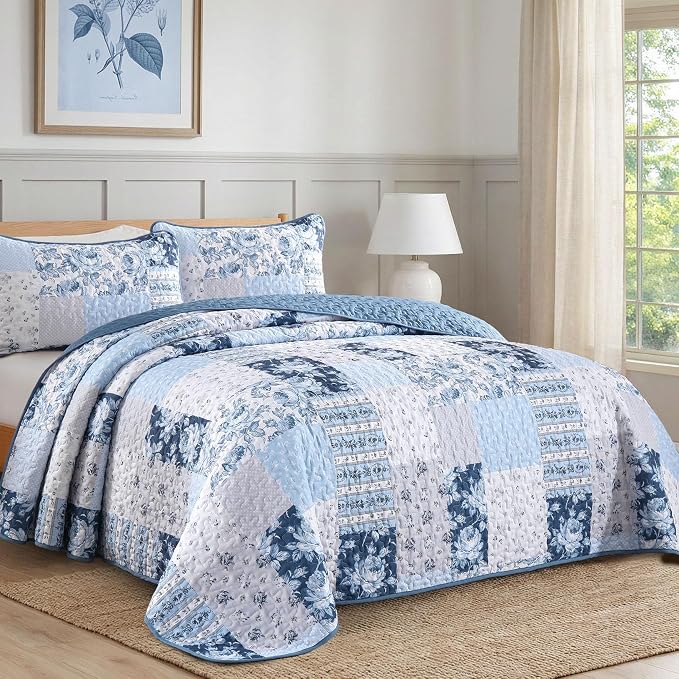 Anibedding Blue Patchwork Quilt Set Queen Size Boho Floral Plaid Bedspread - Image 2