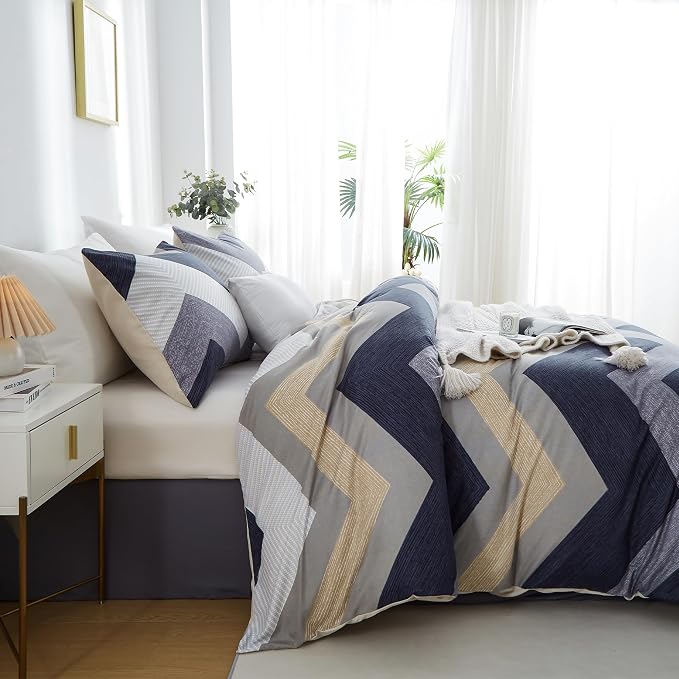 BOLINLIVING Wavy Striped Queen Duvet Cover Set, 3 Pieces Soft Breathable Single - Image 3