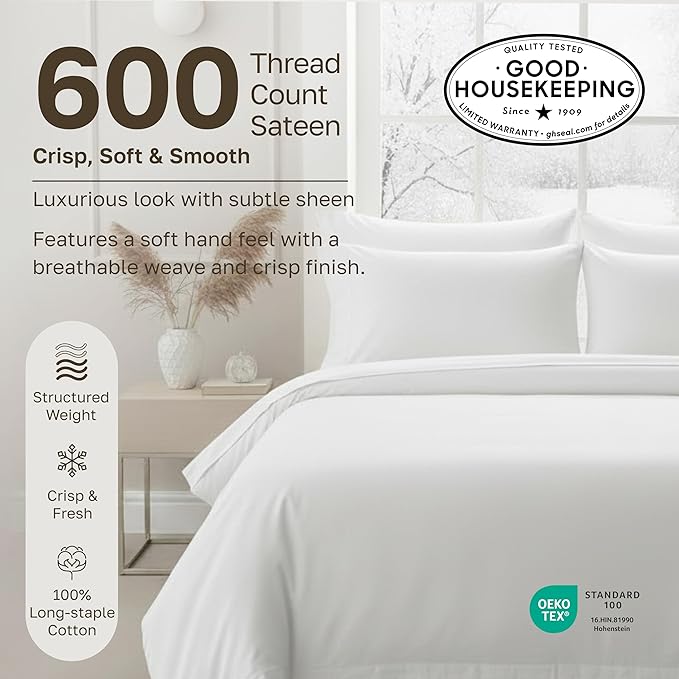 Luxuriously Soft Premium 600 Thread Count, 100% Cotton Set of 2 Cases, Crisp - Image 3