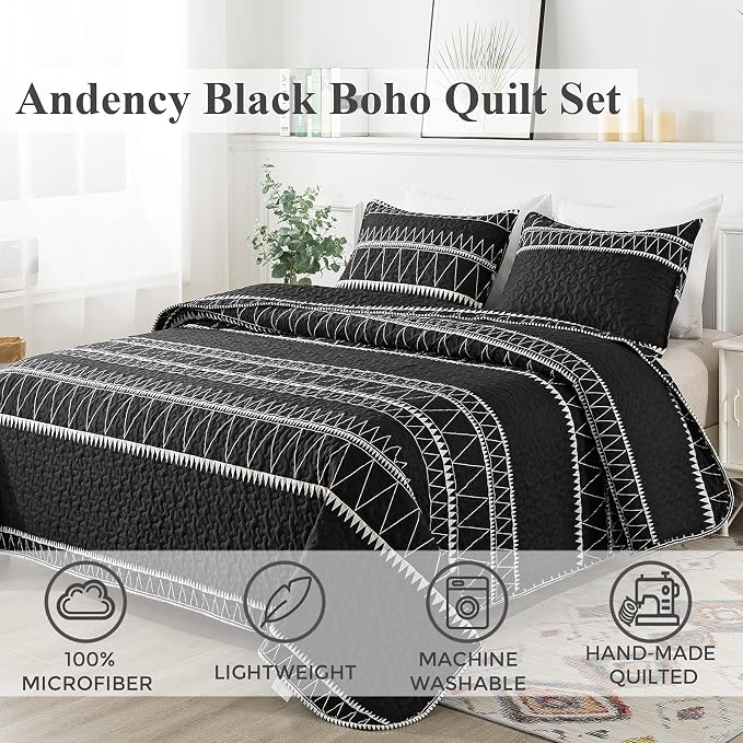 Andency Black Oversized Super King Plus Quilt Set, 3 Pieces Boho Lightweight - Image 2