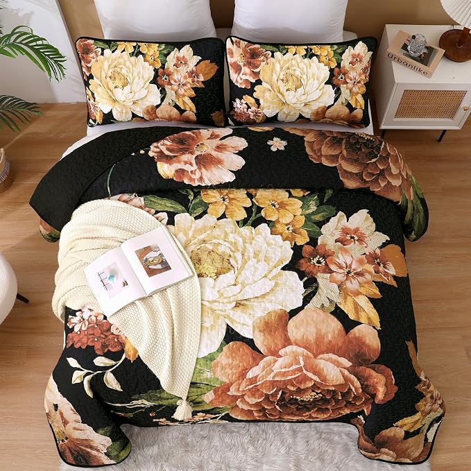 WONGS BEDDING Black Boho Floral Quilt Set Queen, Elegant Gold Flower Bedspread - Image 2