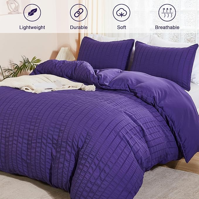 AveLom Dark Purple Duvet Cover Full, 3 Pieces, Seersucker Tripe Soft Washed - Image 2