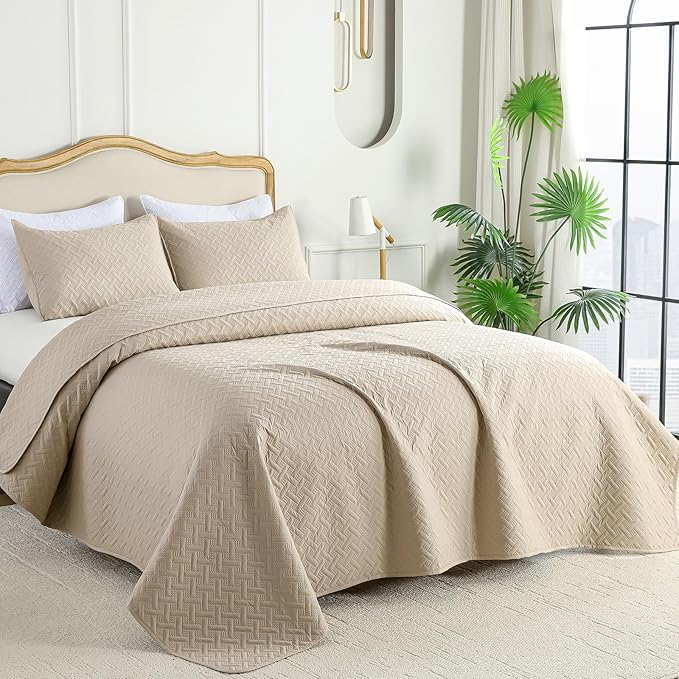FLYMME Beige Twin Quilt Bedding Set Thin Lightweight Bedspreads, Modern Style - Image 2