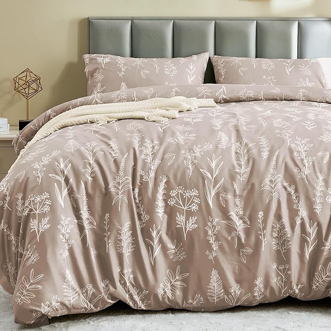 MUXHOMO Duvet Cover Queen Size, Reversible Floral Taupe Duvet Cover Set by MUXHOMO