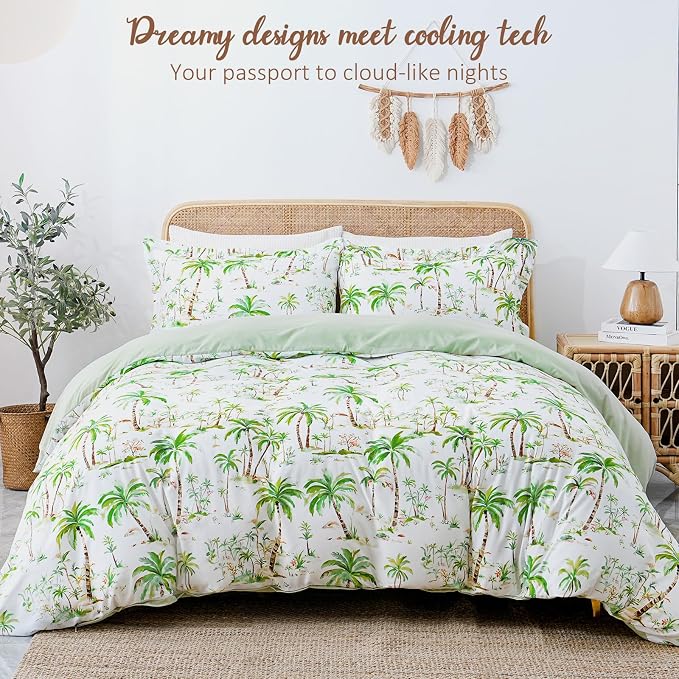 LONAVA King Tropical 3 Pcs Duvet Cover Set, Breathable Soft Microfiber Sage - Image 2