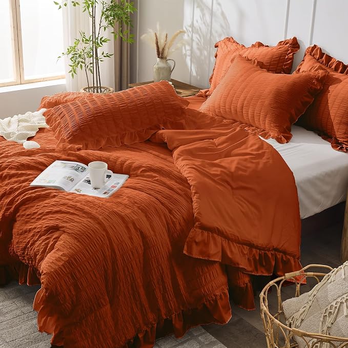JOLLYVOGUE Burnt Orange Comforter Full Size, 3 Pieces Seersucker Lightweight - Image 8