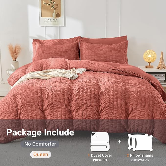 HYMOKEGE Coral Red Duvet Cover Full Size, Ultra Soft 3-Piece Seersucker Duvet - Image 5