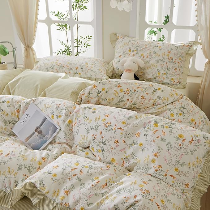 mixinni 100% Cotton Duvet Cover Set Queen, Reversible Spring Floral Ruffle - Image 2