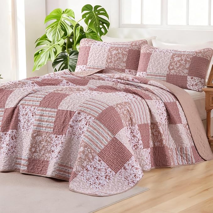 Mybedsoul Patchwork Quilt Set Queen Size, 3 Pieces Pink Floral Plaid Bedspread - Image 2