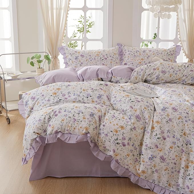mixinni Floral Duvet Cover Set Queen Size, 100% Cotton 3-Piece Bedding Set by mixinni