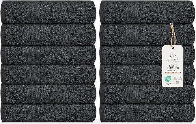 Medium Bath Towels Bulk Set of 12 – 100% Cotton Terry – 24" x 48" – Quick Dry by ASTILTEXCottonTowels