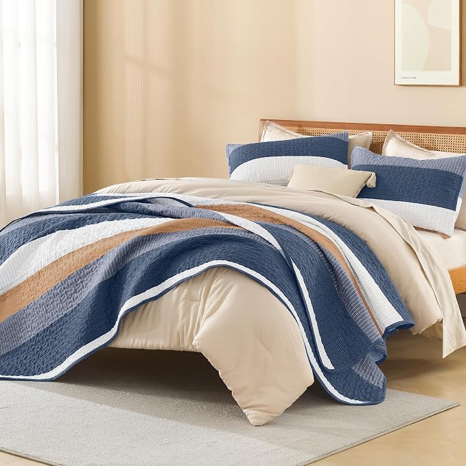 Litanika Quilt King Size BlueO, Stripe Patchwork Summer Bedspread Coverlet 3 - Image 4