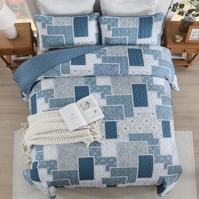 Xruibed Blue Boho Quilt Set Queen Size, 3 Pieces Plaid Floral Bedspread - Image 4
