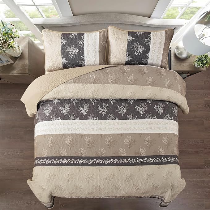 DJY Beige Quilt Set Queen Size Striped Bedspread Coverlet Set 3 Pieces Boho - Image 3