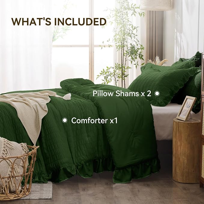 JOLLYVOGUE Dark Green Queen Comforter Set, 3 Pieces Seersucker Comforters Queen - Image 6