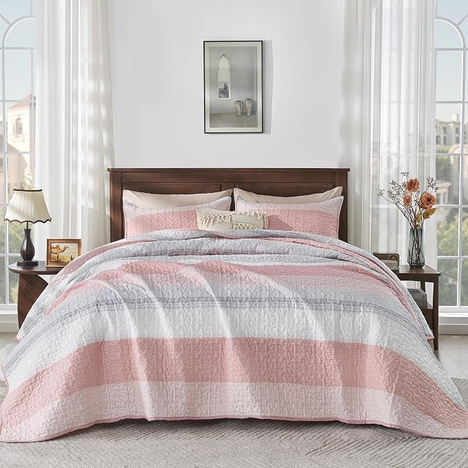Andency Pink Quilt Cal King, 3 Pieces Patchwork Striped Bedspread Coverlet Set - Image 8