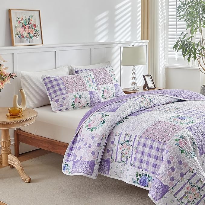 Joyreap 3 Pieces Floral Quilt Set King, Patchwork Purple n Pink Flowers Design - Image 6