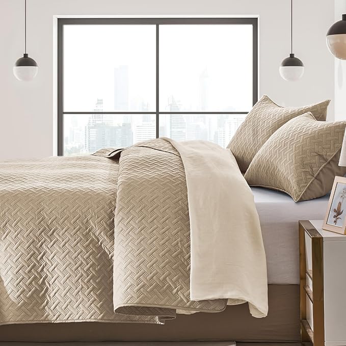 FLYMME Beige Twin Quilt Bedding Set Thin Lightweight Bedspreads, Modern Style - Image 3