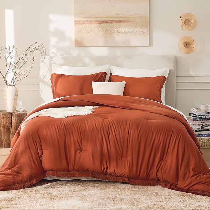 Andency Queen Comforter Set Burnt Orange, 3 Pieces Boho Terracotta Fall Tassel - Image 2