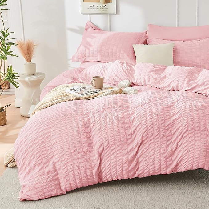 HYMOKEGE Pink Queen Comforter Set Seersucker 7 Pieces, All Season Luxury Bed in - Image 2