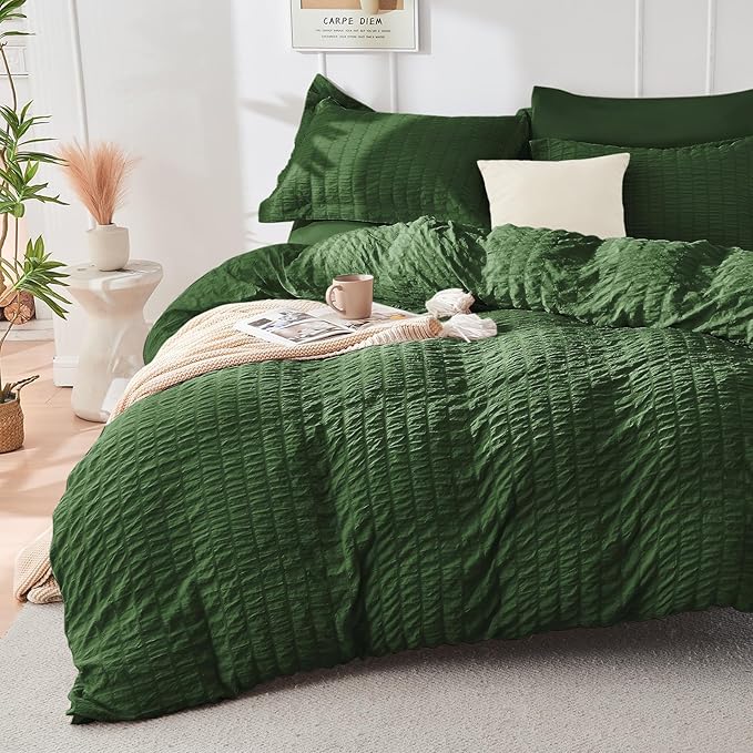 HYMOKEGE Dark Green Duvet Cover King Size, Ultra Soft 3-Piece Seersucker Duvet by HYMOKEGE