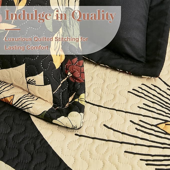 Tyrot 3 Piece Black Boho Floral Californial King Size Quilt Sets Reversible - Image 4