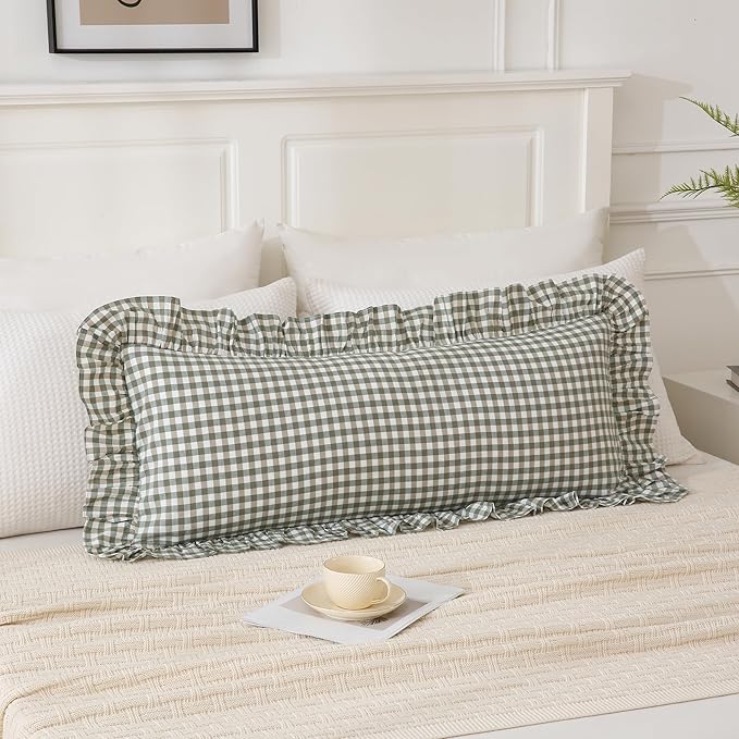 14x36 inches Sage Green Plaid Ruffle Lumbar Pillow Sham 1 Piece, Pure Cotton by Qilunn