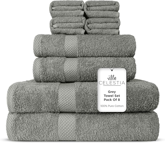100% Combed Cotton Bathroom Towel Set of 8- 2 Bath Towels, 2 Hand Towels by VillaCelestia