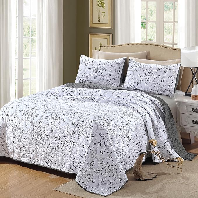 ROOMLIFE Quilt Set Full Size 3D Floral Embroidery Pattern 3-Piece Cotton by ROOMLIFE