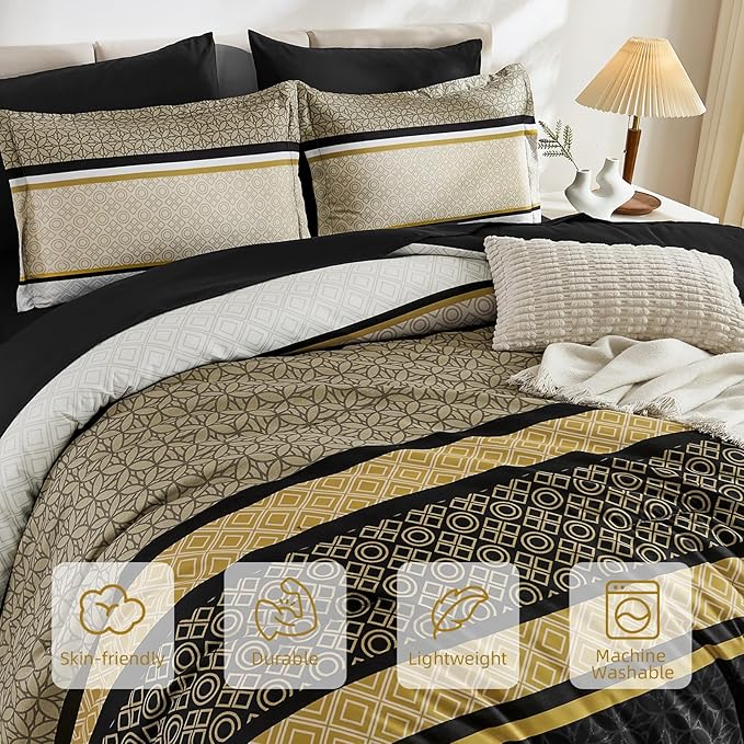 WONGS BEDDING Yellow Black King Comforter Set 7 Pieces, Boho Striped Bed in a - Image 4