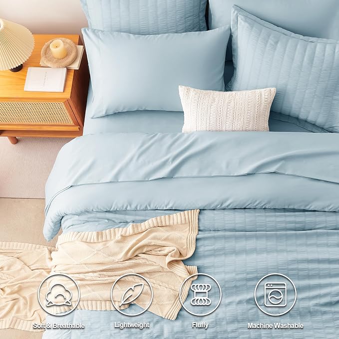 CozyLux Oversized King Comforter Set Light Blue Seersucker 7 Pieces 120x98 Bed - Image 2