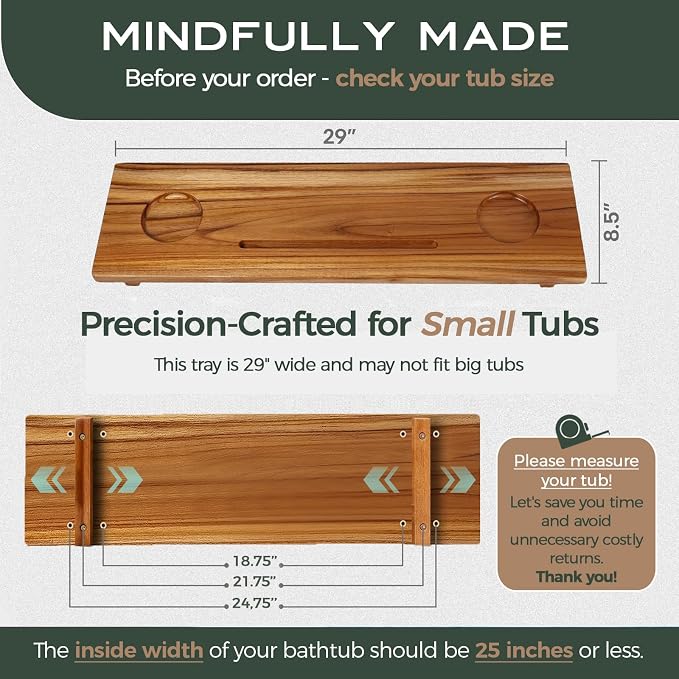 Teak Bathtub Tray for Tub 29” | Bath Tub Tray Wood for Small Tubs, Bath Tray - Image 2