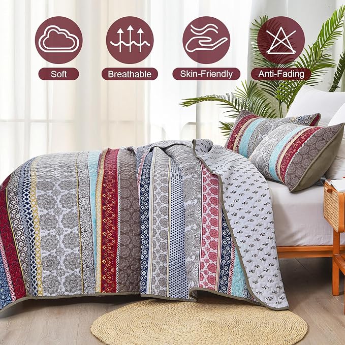 WONGS BEDDING Boho Quilt Set King Size, Lightweight Microfiber Bedspread - Image 4