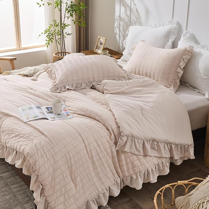 JOLLYVOGUE Beige King Comforter Set, 3 Pieces Seersucker Comforters King Size - Image 7