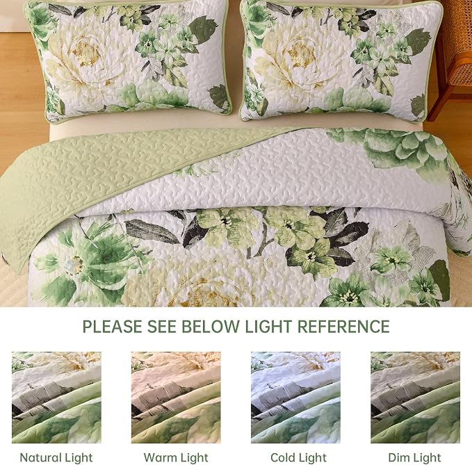 WONGS BEDDING Green Floral Quilt Set King, 3 Pieces Reversible Lightweight - Image 8