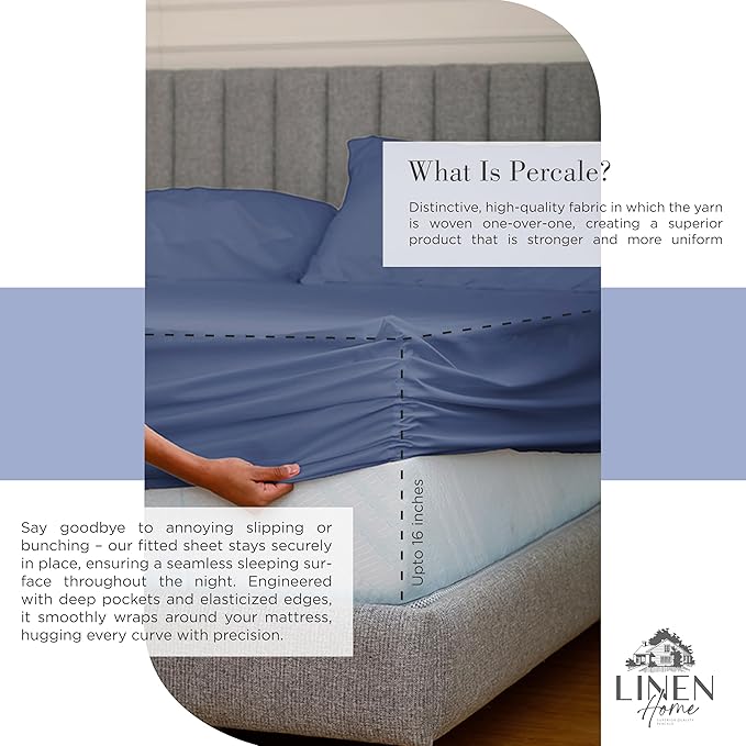 Linen Home 100% Cotton Percale Sheets Queen Size, Dark Blue, Deep Pocket - Image 4