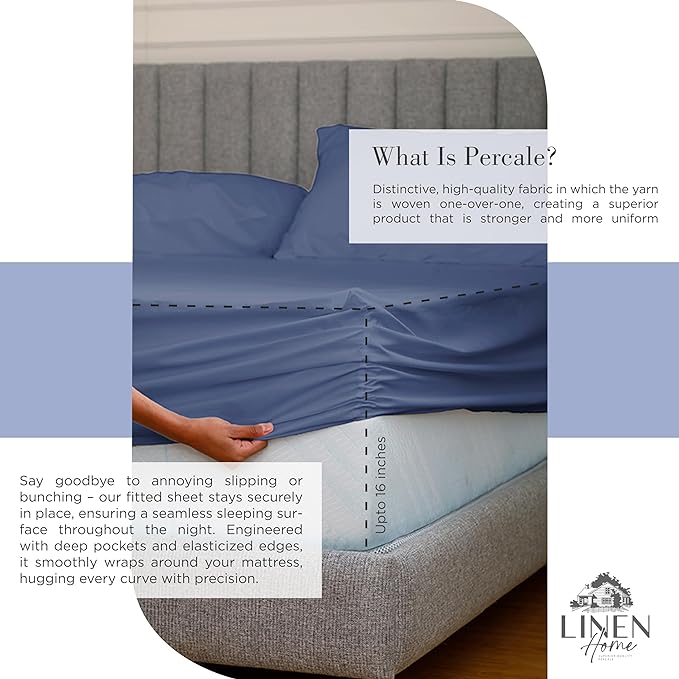 Linen Home 100% Cotton Percale Sheets Full Size, Dark Blue, Deep Pocket - Image 4