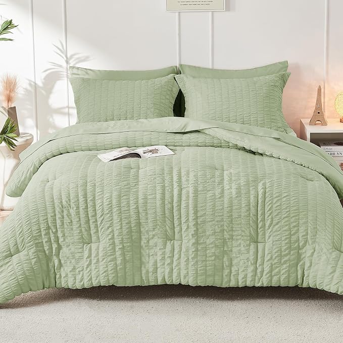 HYMOKEGE Light Green California King Comforter Set Seersucker 7 Pieces - Image 9