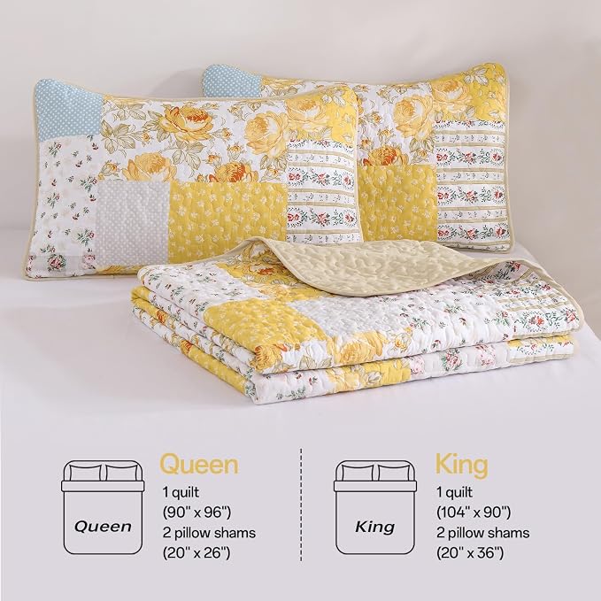 Anibedding Yellow Patchwork Quilt Set King Size Boho Floral Plaid Bedspread - Image 8