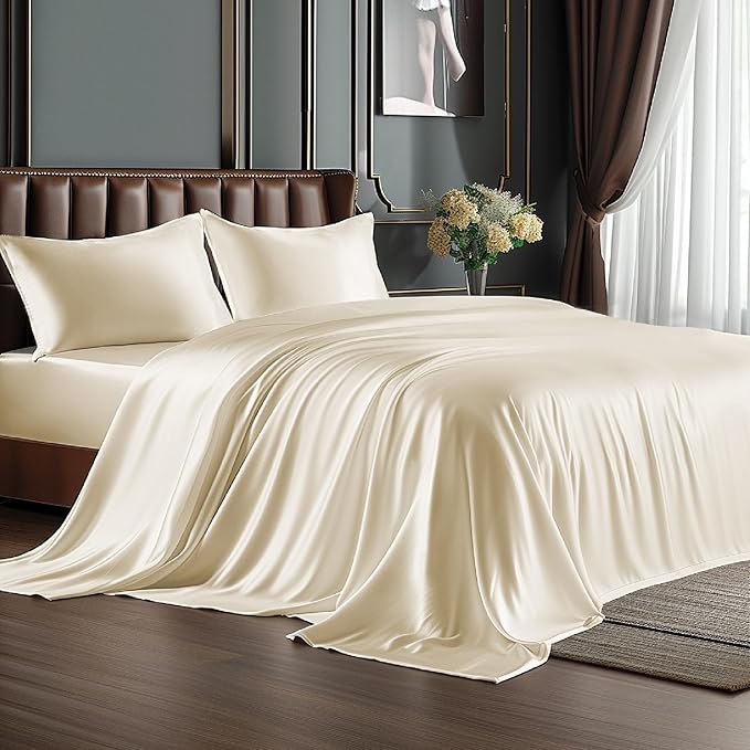 BEDELITE California King Sheets Set, Luxury Soft Beige Satin Sheets by BEDELITE