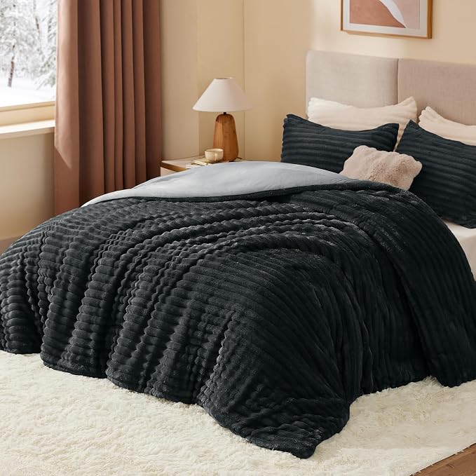 BEDELITE Fleece Oversized Queen Comforter Set -Super Soft & Warm Fluffy Black - Image 2