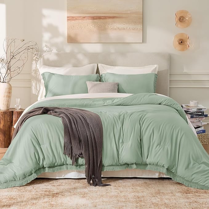 Andency Queen Comforter Set Sage Green, 3 Pieces Boho Tassel Lightweight - Image 2