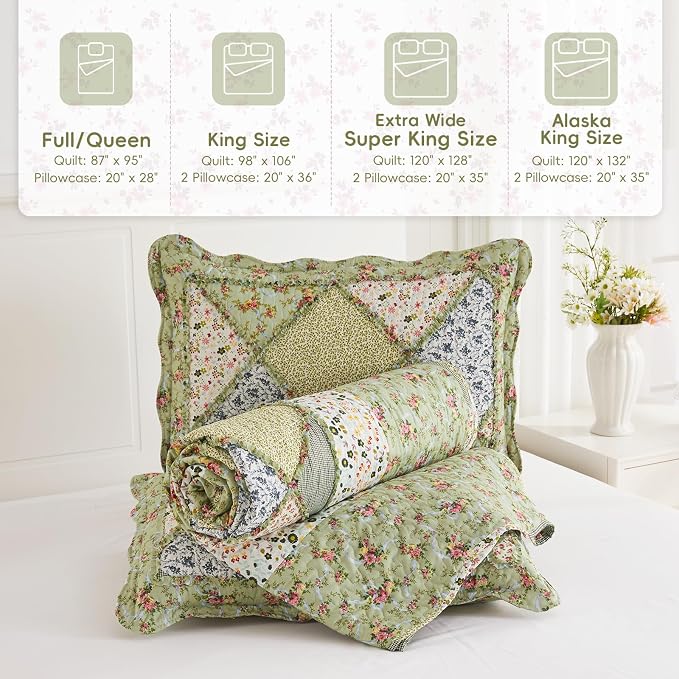 Oversized King Size Green Floral Plaid Patchwork Quilt Set 128x120 Extra Wide - Image 7
