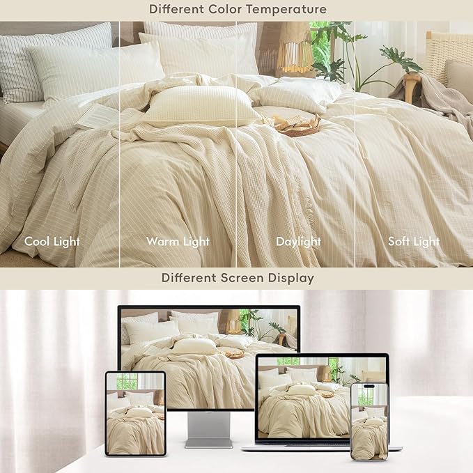 MooMee Striped Duvet Cover Set 100% Washed Cotton Linen Like Textured - Image 8
