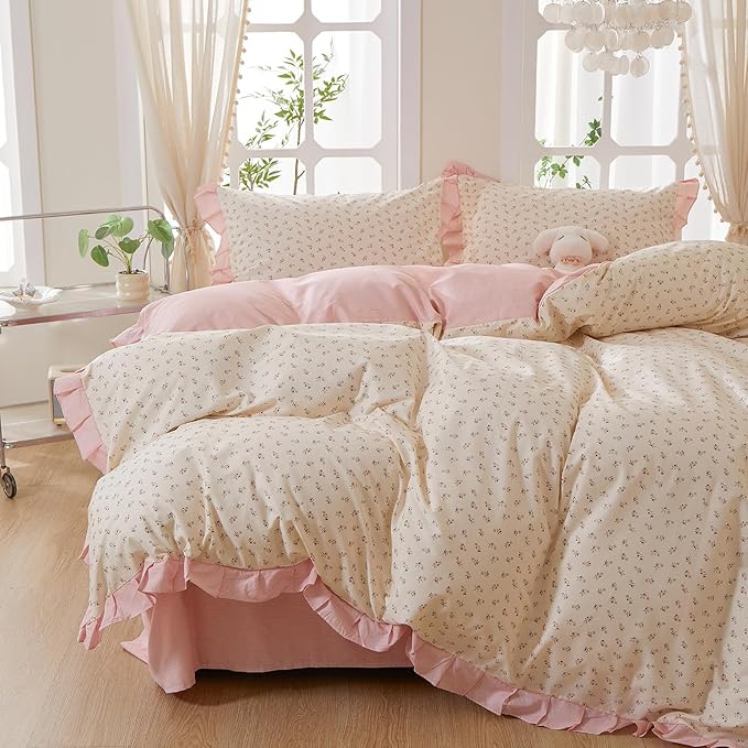mixinni Pink Floral Duvet Cover Set King Size – 100% Cotton Ruffle Lace Bedding - Image 3