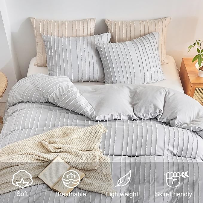 WARMDERN King Boho Duvet Cover Set, Light Grey Striped Microfiber 3pcs Bedding - Image 3